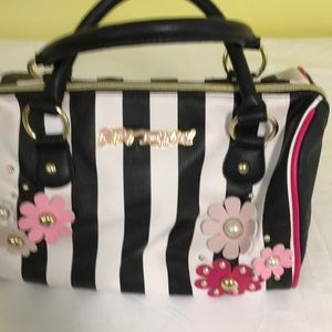 Betsey Johnson black and white purse with pink flowers
